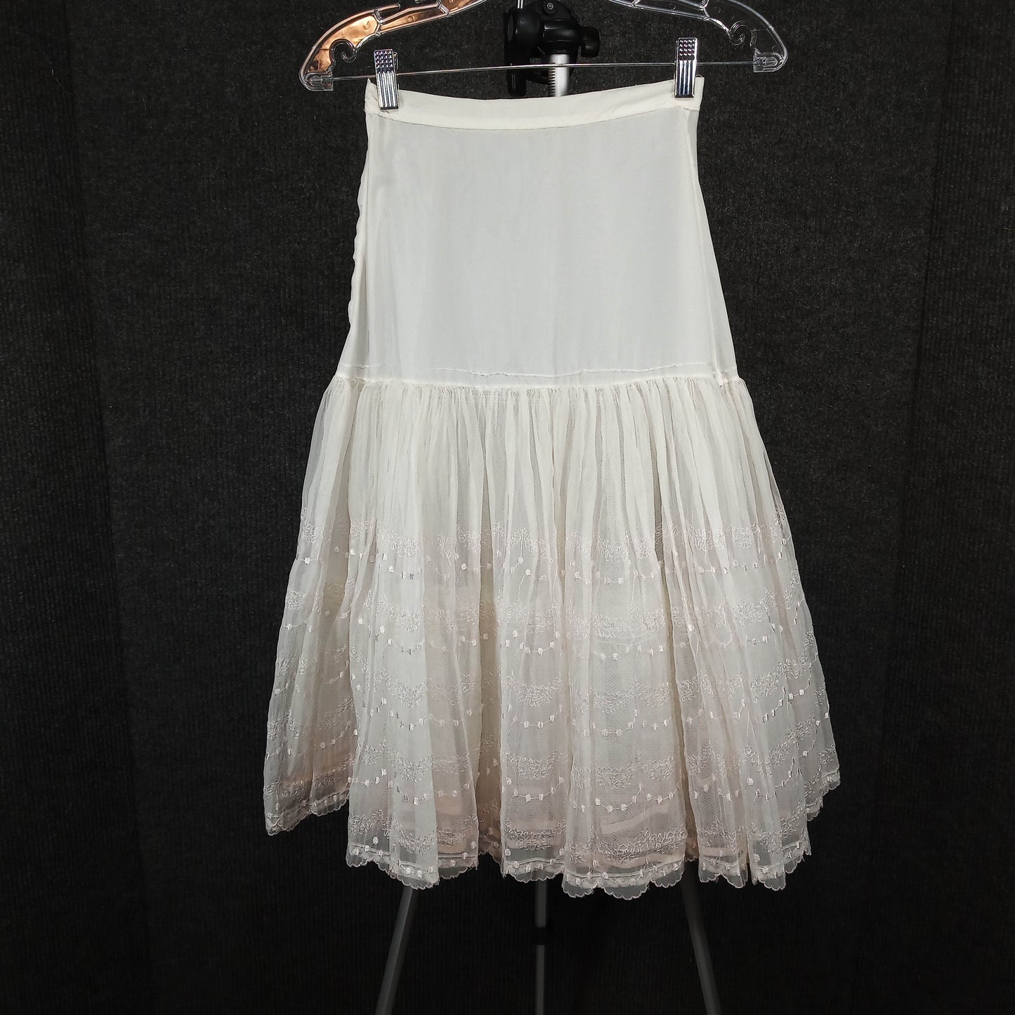 1950's White Pink Embroidered Crinoline with 4 Layers of Ribbon Laced Tulle