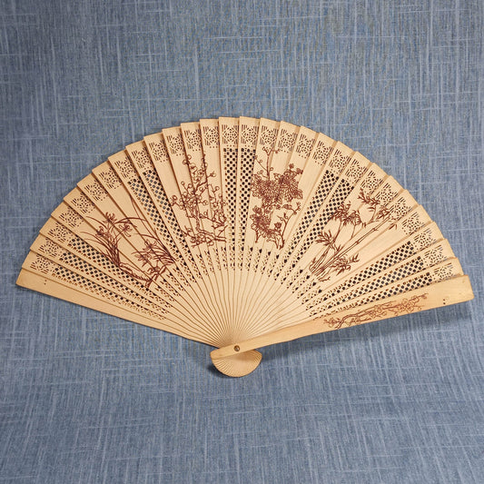 1950s Vintage Japanese Wood Fan With Imprinted Flowers