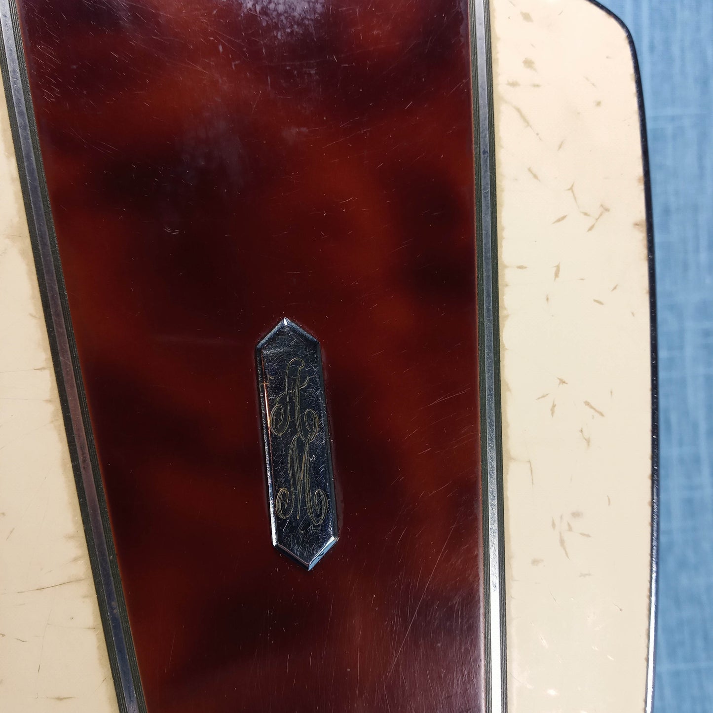 1930s Art Deco Hand Mirror with Cream and Tortoise Shell Highlights