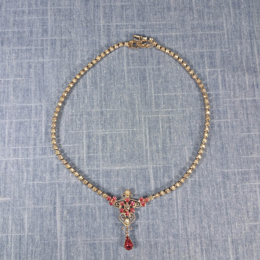 1980s Vintage Necklace with Clear Rhinestones and a Red Rhinestone Drop