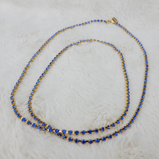 1960s Vintage Blue Rhinestone Single Strand Necklace in Gold Tone Metal