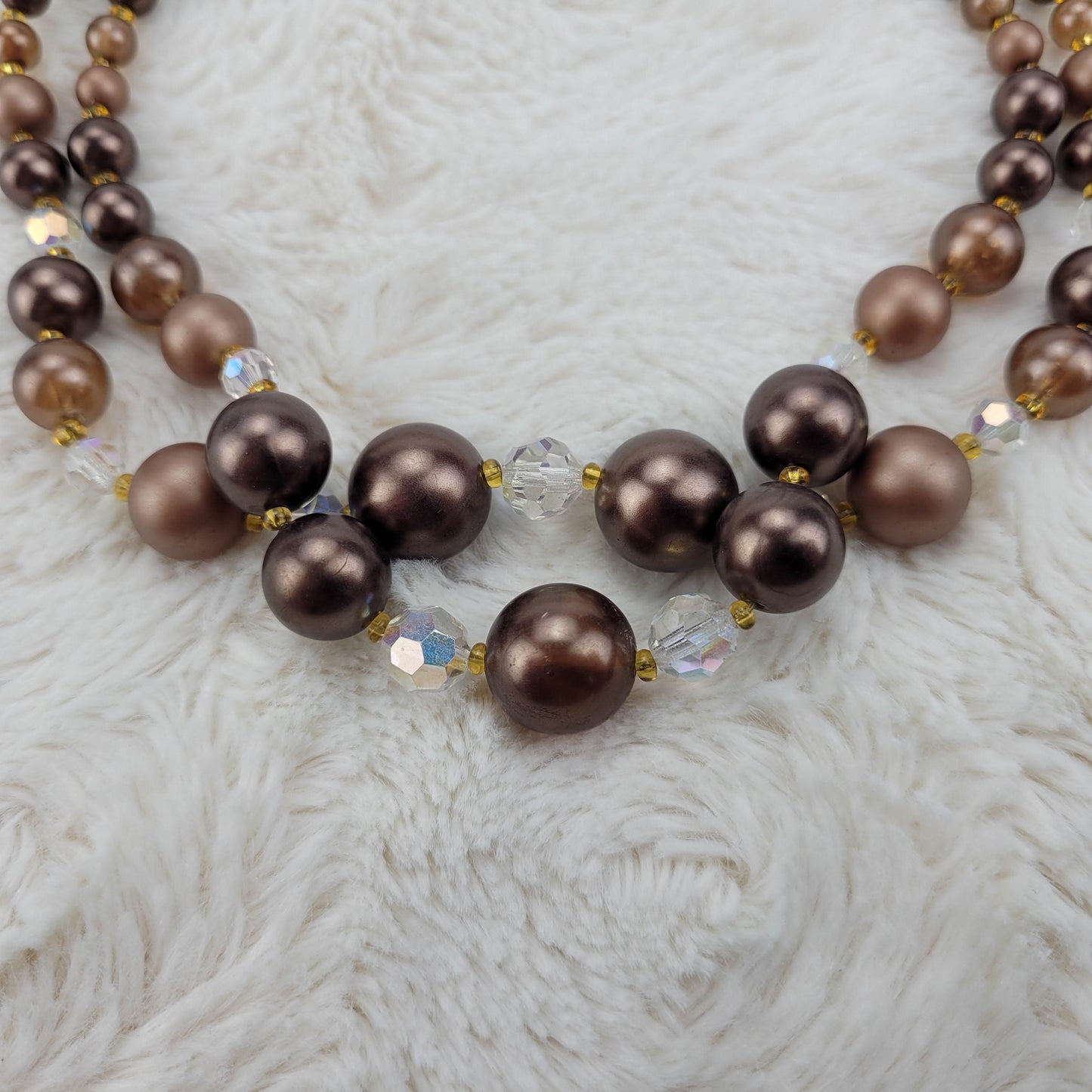 1970s Brown Bead and Crystal Double Strand Necklace