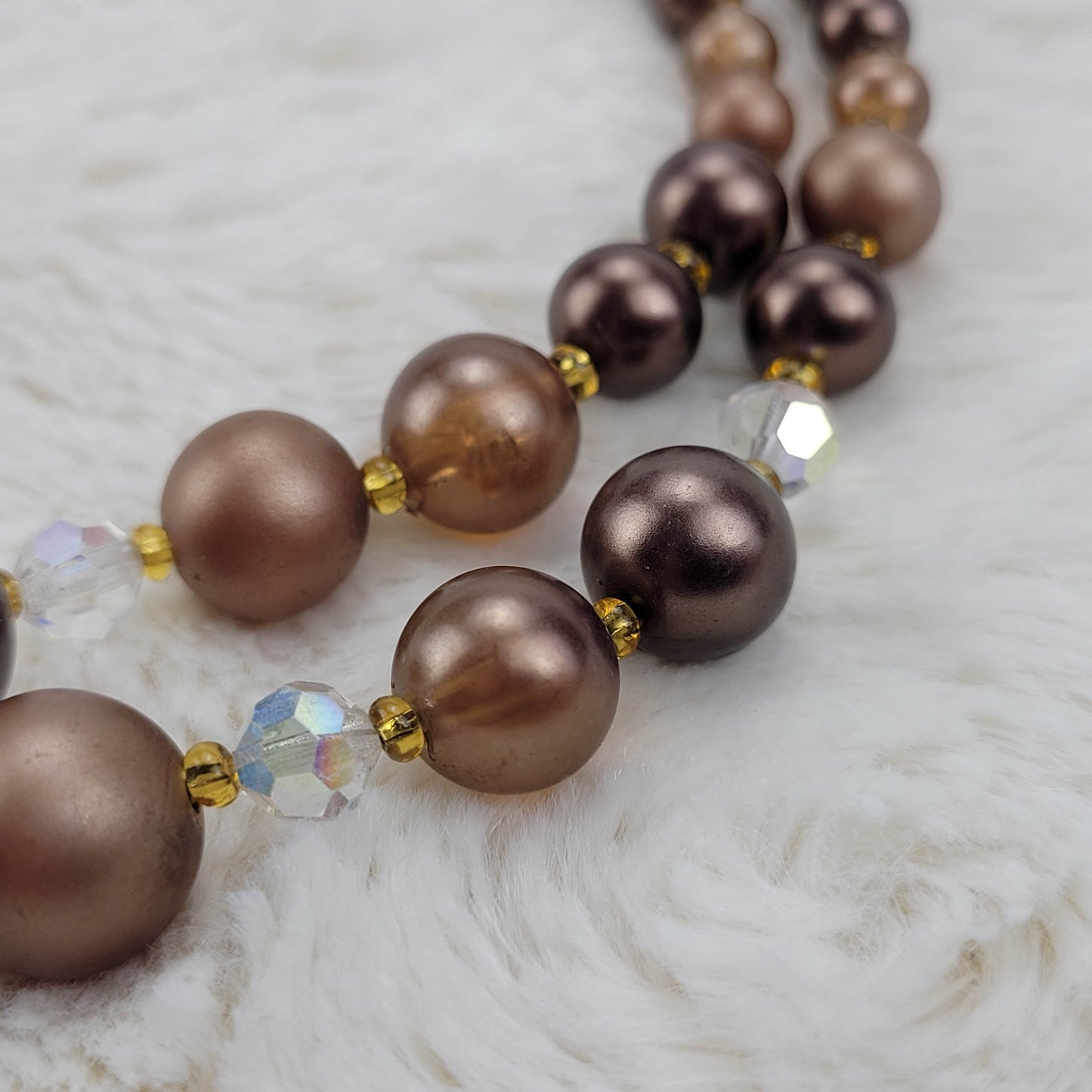 1970s Brown Bead and Crystal Double Strand Necklace