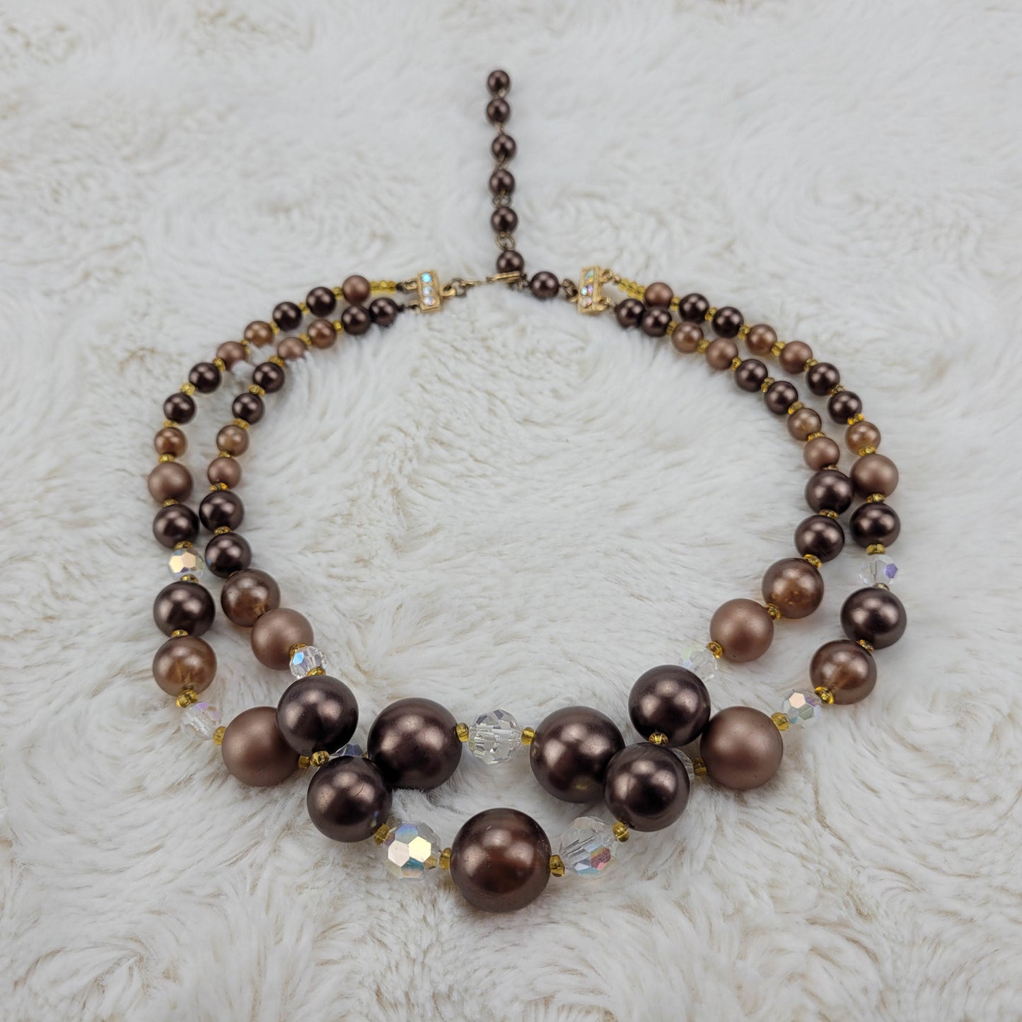 1970s Brown Bead and Crystal Double Strand Necklace