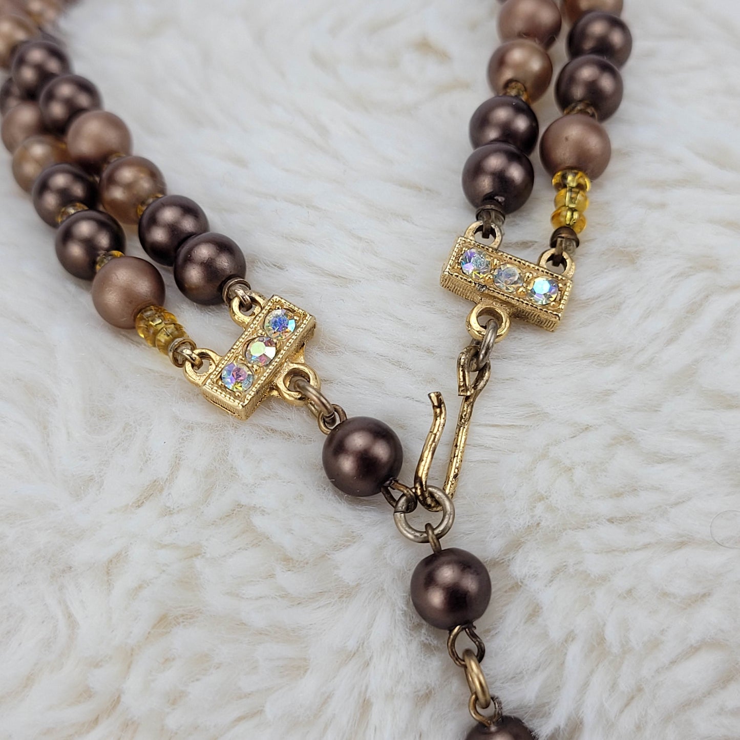 1970s Brown Bead and Crystal Double Strand Necklace
