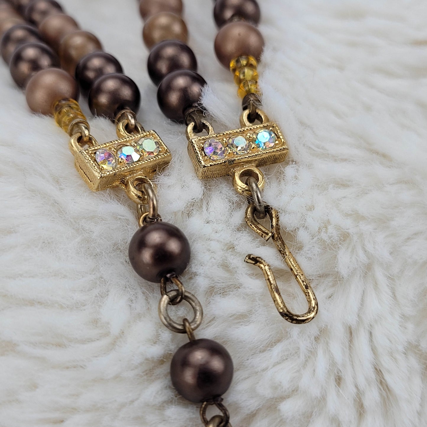 1970s Brown Bead and Crystal Double Strand Necklace