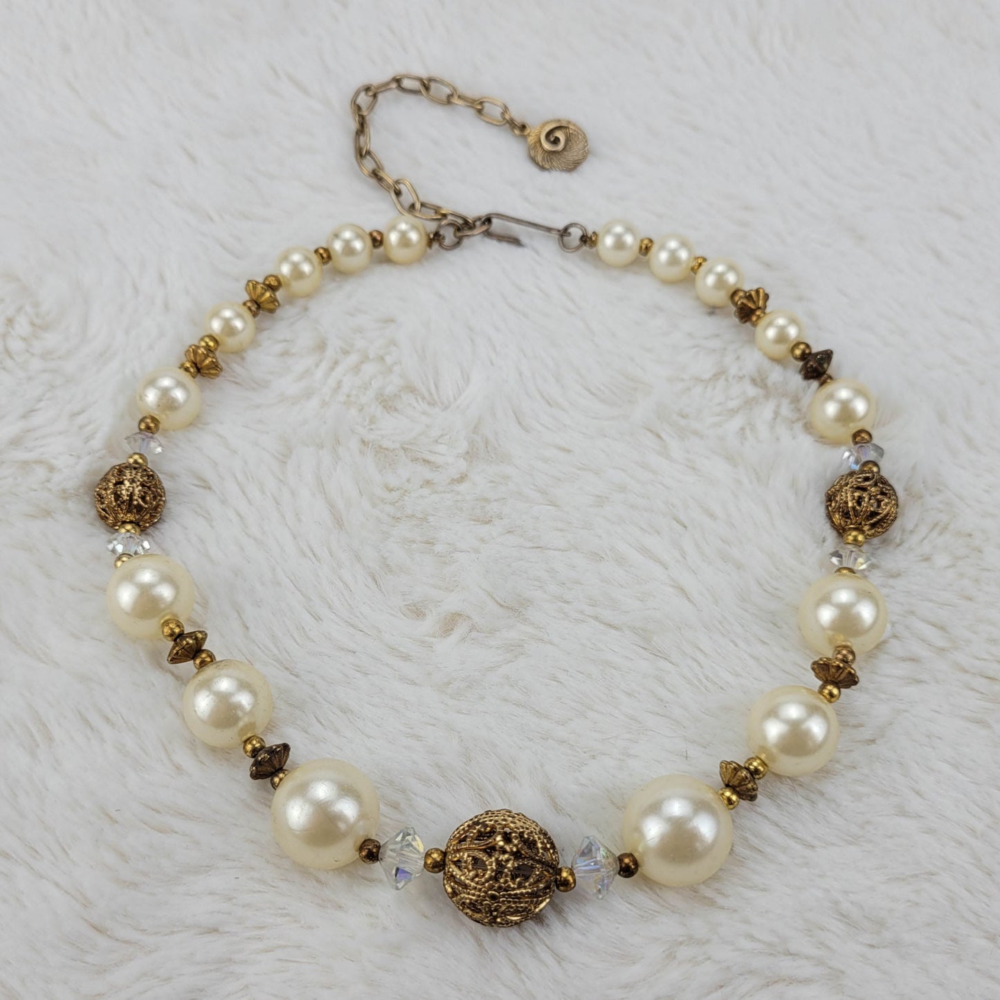 1950s White Bead, Crystal and Gold Tone Metal Filigree Balls by Lisner