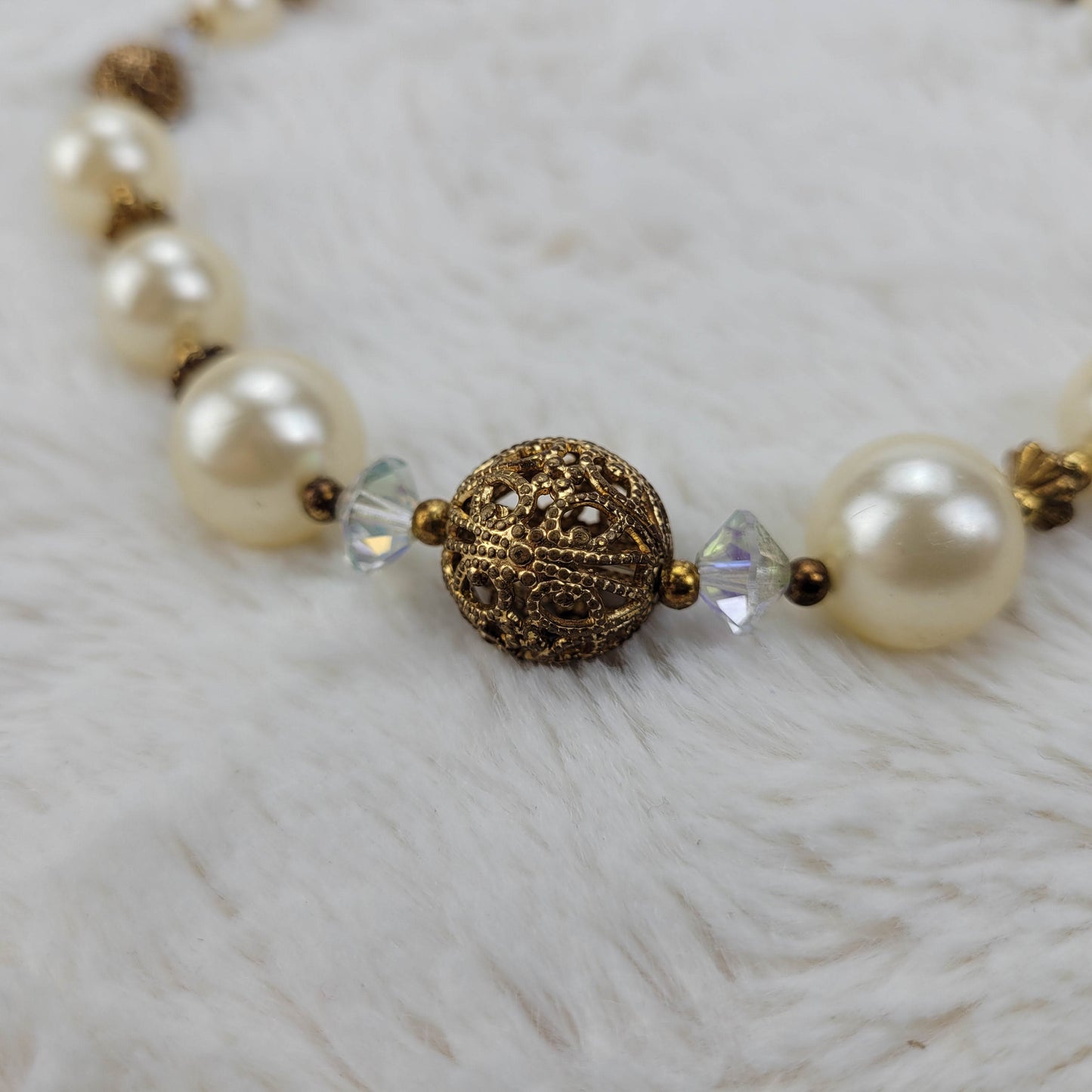 1950s White Bead, Crystal and Gold Tone Metal Filigree Balls by Lisner