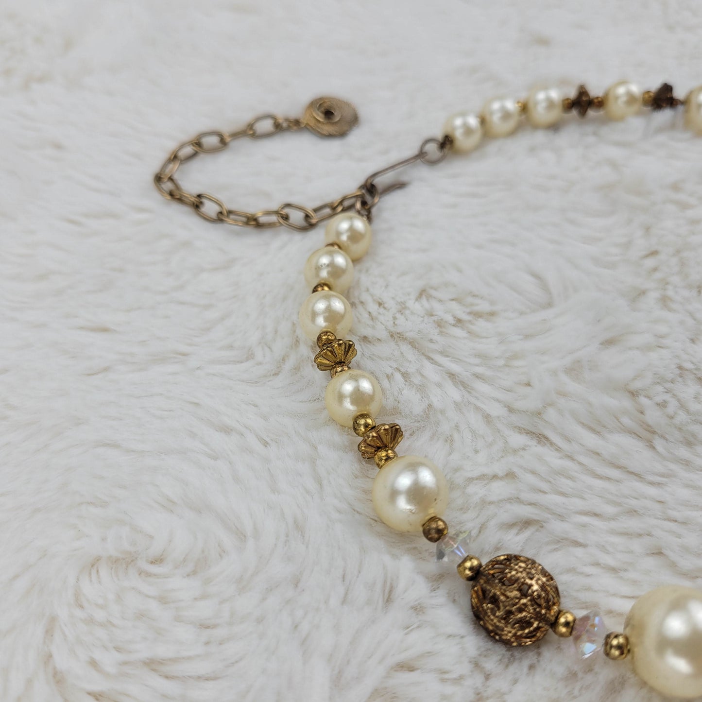 1950s White Bead, Crystal and Gold Tone Metal Filigree Balls by Lisner
