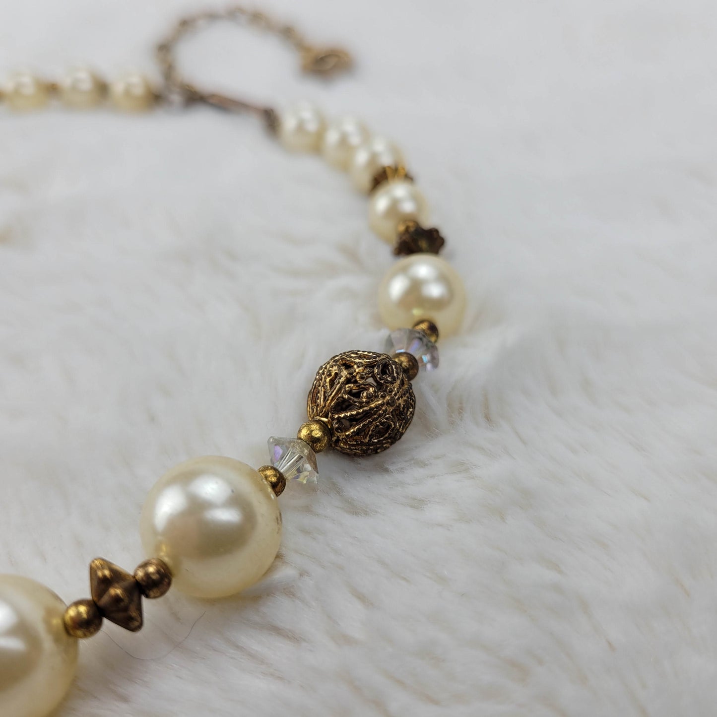 1950s White Bead, Crystal and Gold Tone Metal Filigree Balls by Lisner