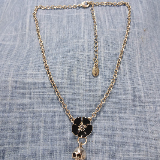 1990s Vintage Silver Tone Metal and Black Flower Skull Pendant Necklace from Pilgrim
