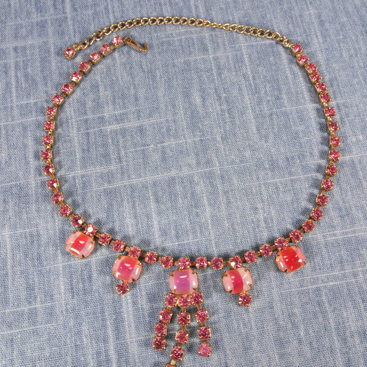 1950s Vintage Necklace: Pink Rhinestones and Glass with Dangle Center Piece