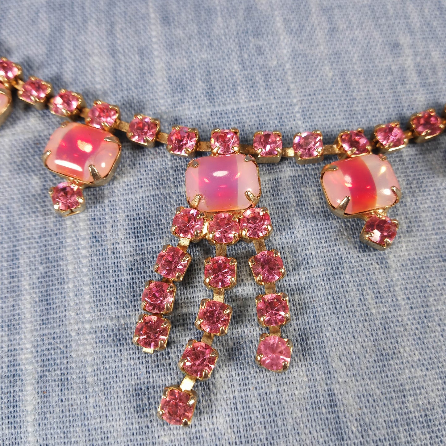1950s Vintage Necklace: Pink Rhinestones and Glass with Dangle Center Piece