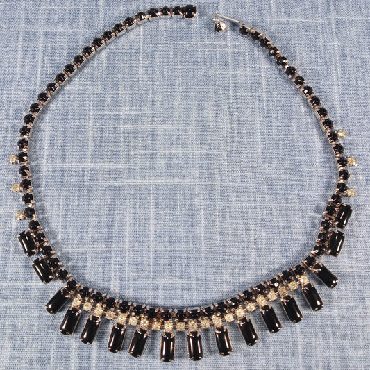 1960s Vintage Necklace with Onyx and Clear Rhinestones