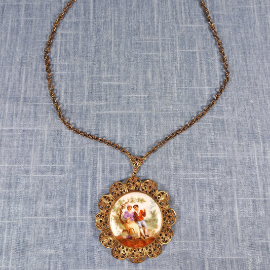 1950s Vintage Pendant Necklace with Gold Tone Filigree and Painted Scene