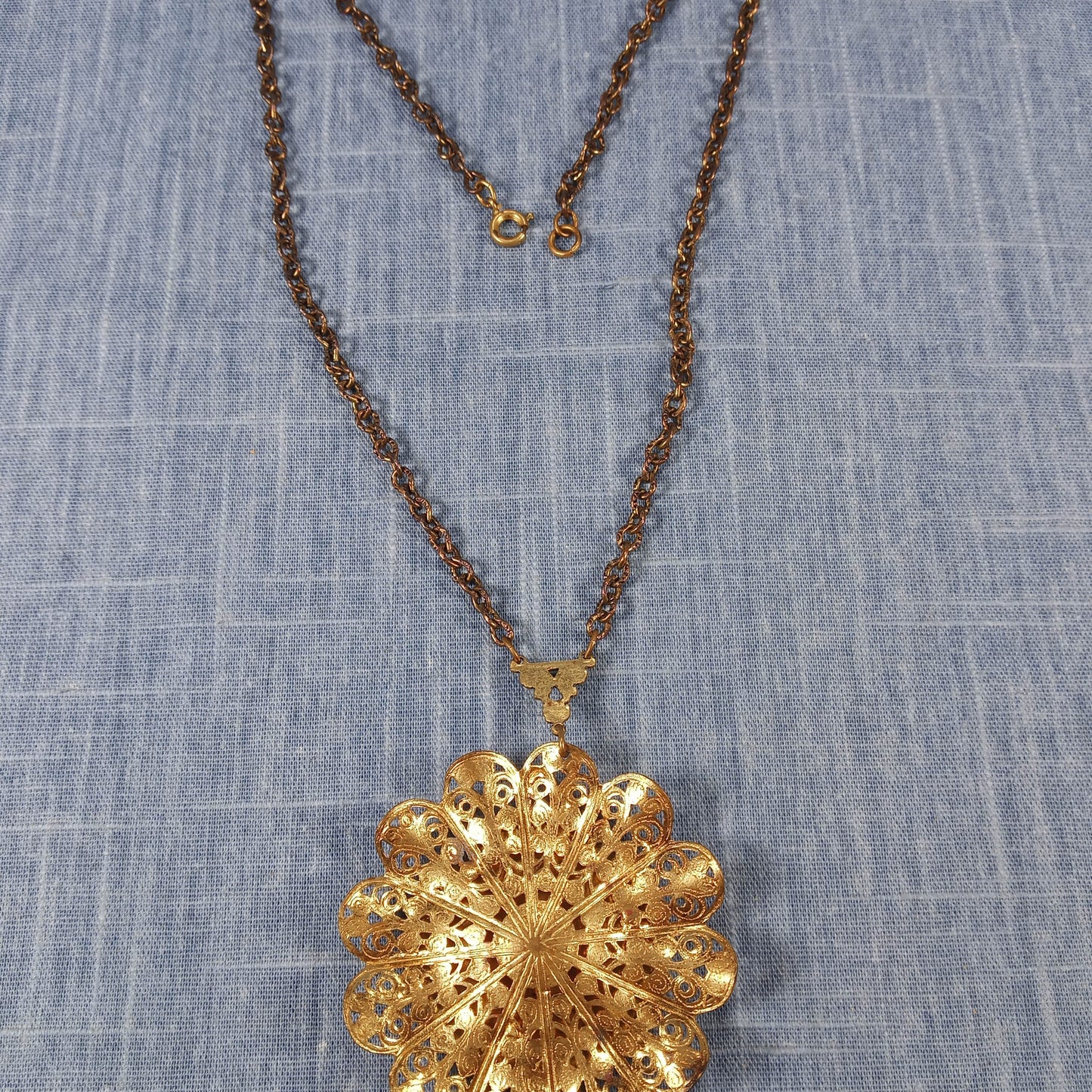 1950s Vintage Pendant Necklace with Gold Tone Filigree and Painted Scene