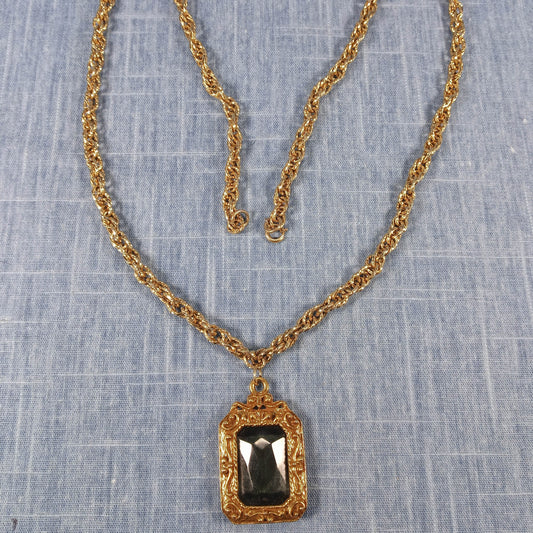 1960s Vintage Pendant Necklace with a Link Chain and Large Center Gray Glass Pendant