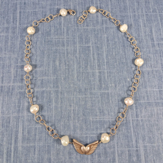 1960s Vintage Necklace with Silver Tone Chain and Fresh Pearls: Winged Pendant