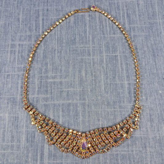 1960s Vintage Necklace with Multiple Cascading Rows of Aurora Borealis Rhinestones