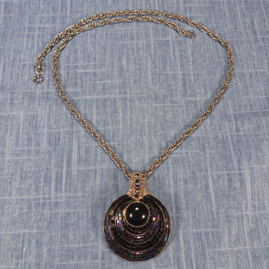 1970s Vintage Necklace with a Multi Stone Pendant and a Center Black Bead By Best