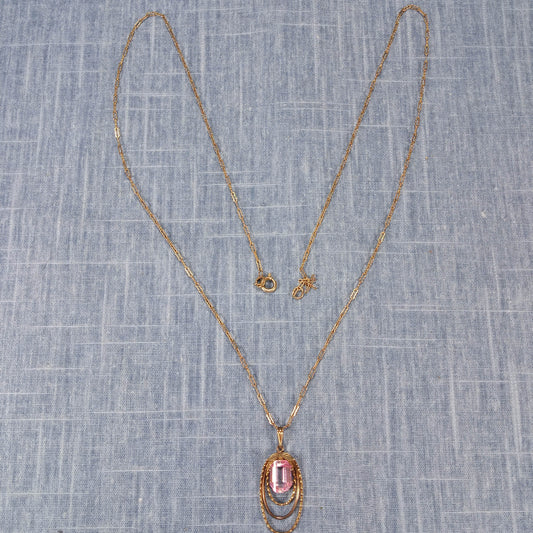 1980s Vintage Necklace with a Long Gold Tone Link Chain and Pink Glass Pendant
