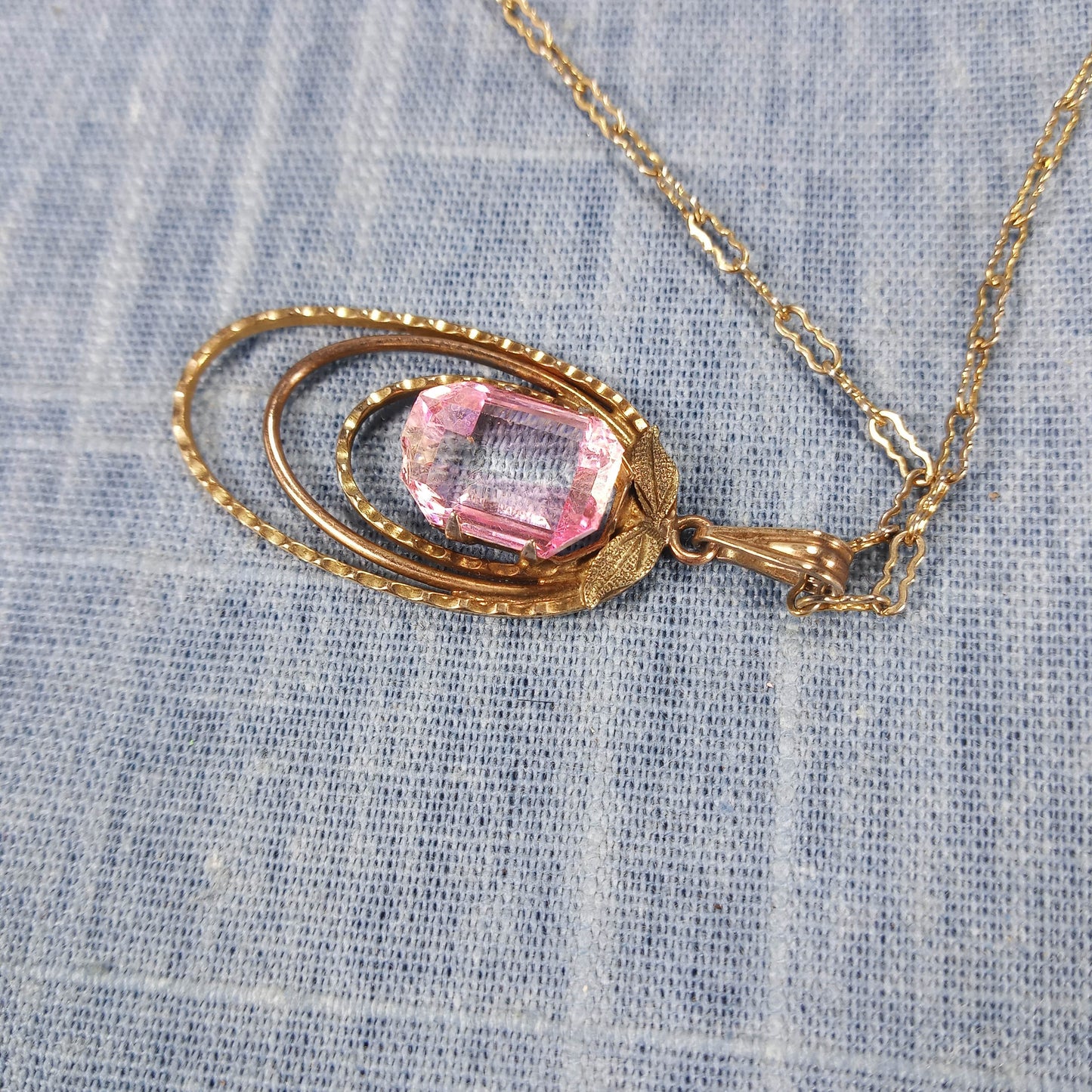 1980s Vintage Necklace with a Long Gold Tone Link Chain and Pink Glass Pendant