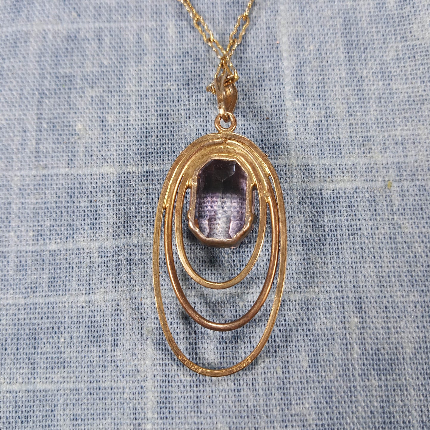 1980s Vintage Necklace with a Long Gold Tone Link Chain and Pink Glass Pendant