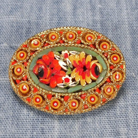 1950s Vintage Italian Oval Pin with Flower Micro-Mosaic