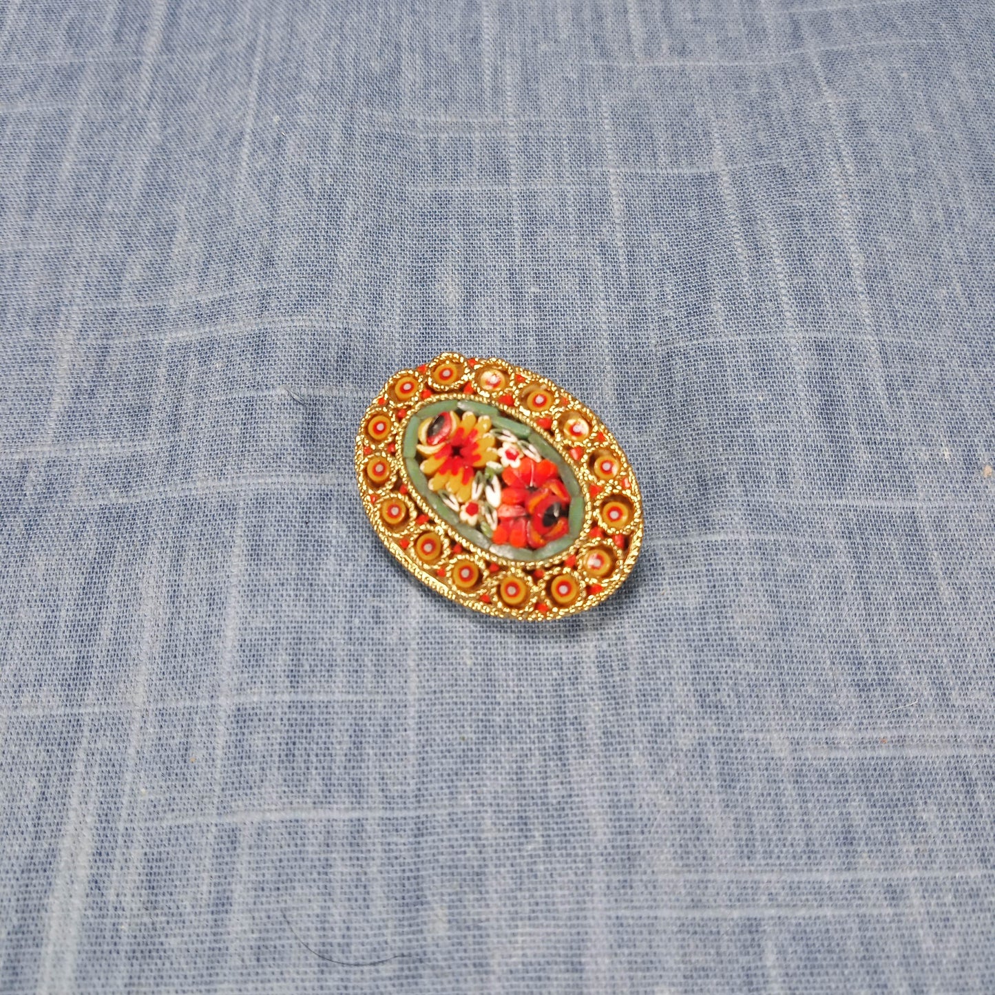 1950s Vintage Italian Oval Pin with Flower Micro-Mosaic