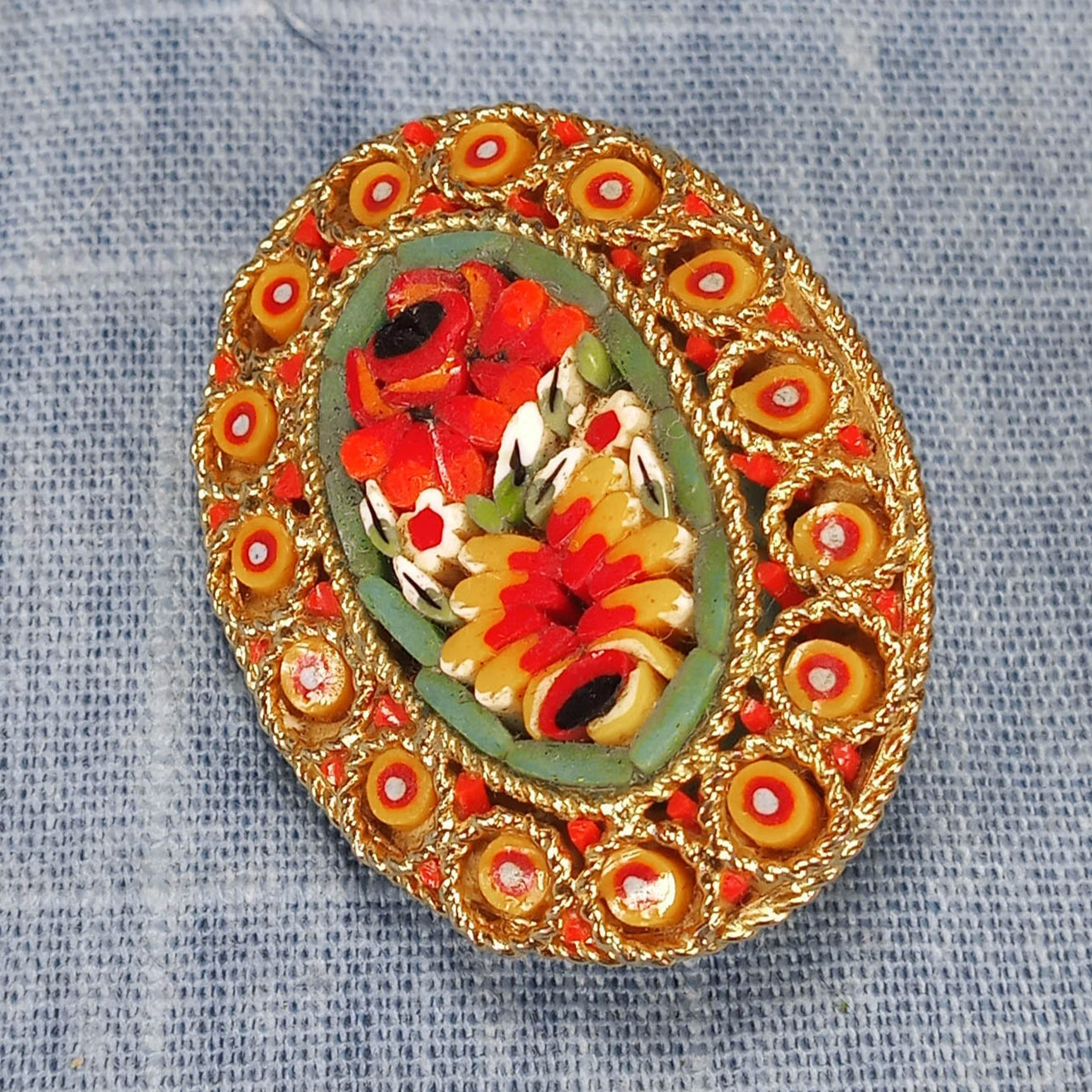 1950s Vintage Italian Oval Pin with Flower Micro-Mosaic