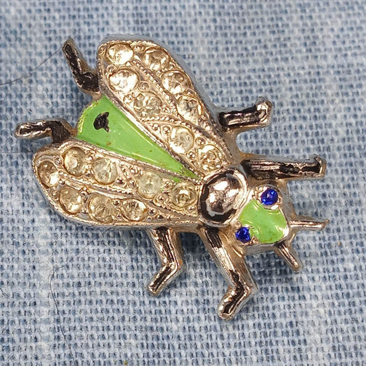 1950s Vintage Bug Pin with Clear Rhinestones and Green Enamel by Coro