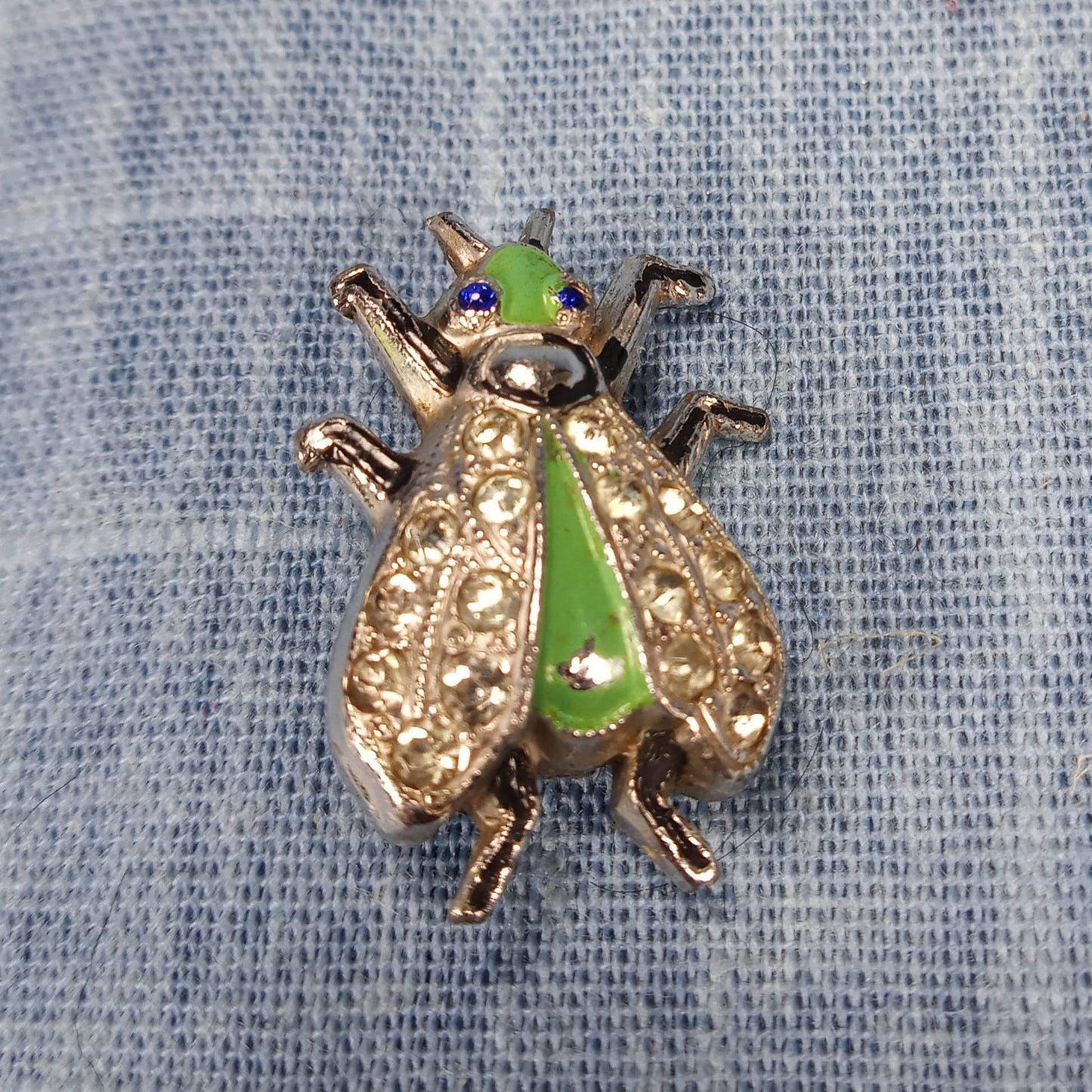 1950s Vintage Bug Pin with Clear Rhinestones and Green Enamel by Coro