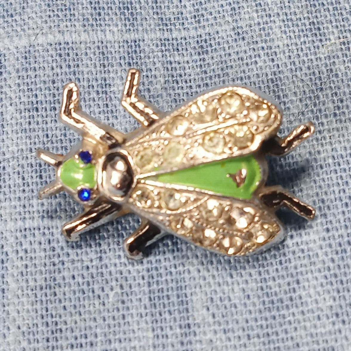 1950s Vintage Bug Pin with Clear Rhinestones and Green Enamel by Coro