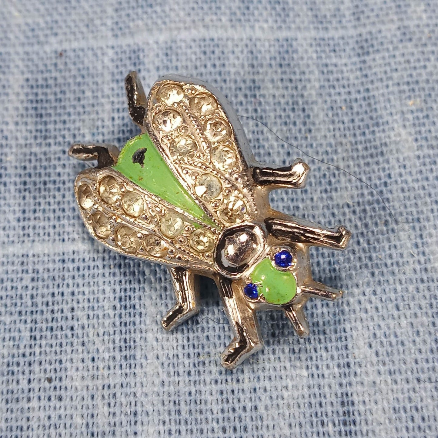 1950s Vintage Bug Pin with Clear Rhinestones and Green Enamel by Coro