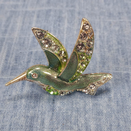 1950s Vintage Humming Bird Pin with Clear Rhinestones and Green Enamel