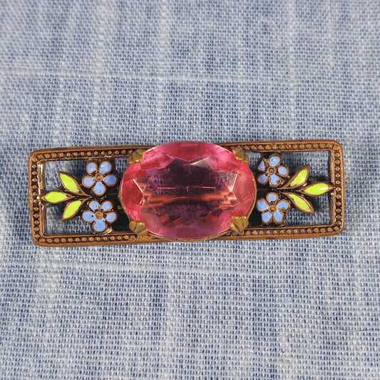 1930s Vintage Bar Pin with Pink Center Glass with Purple and Yellow Enamel Flowers