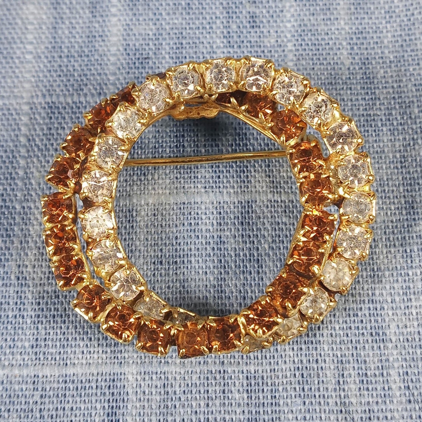 1960s Vintage Pin with Double Circle Brown and Clear Rhinestones