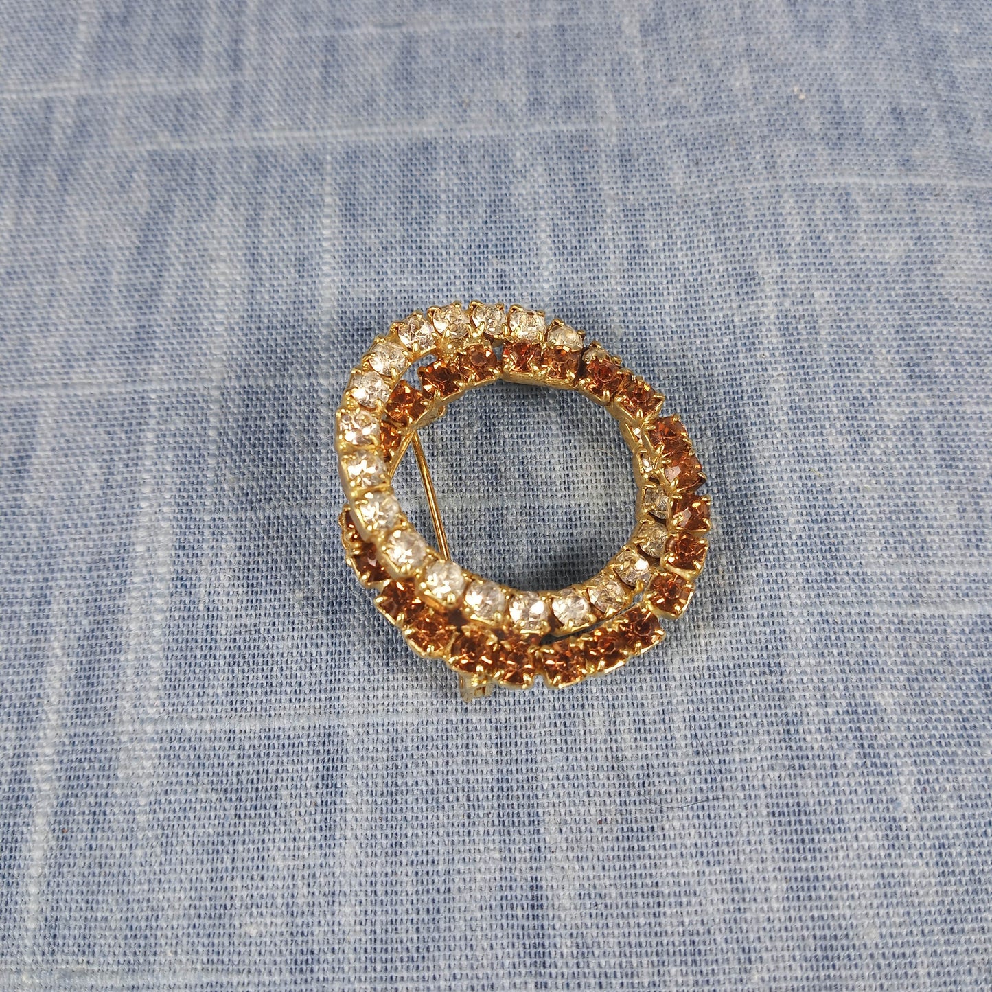 1960s Vintage Pin with Double Circle Brown and Clear Rhinestones