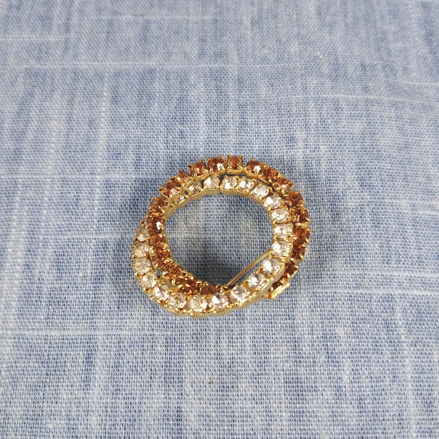 1960s Vintage Pin with Double Circle Brown and Clear Rhinestones