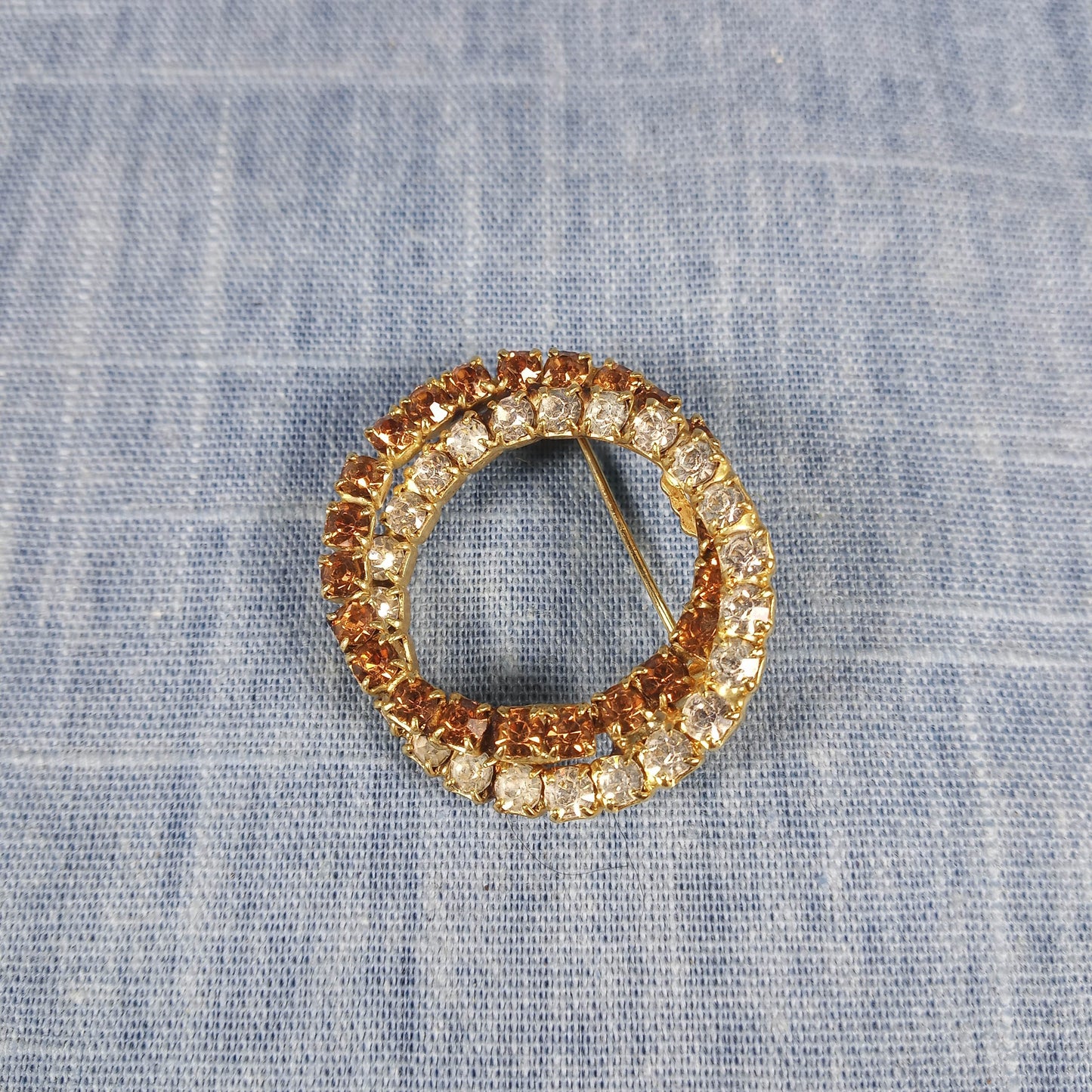 1960s Vintage Pin with Double Circle Brown and Clear Rhinestones