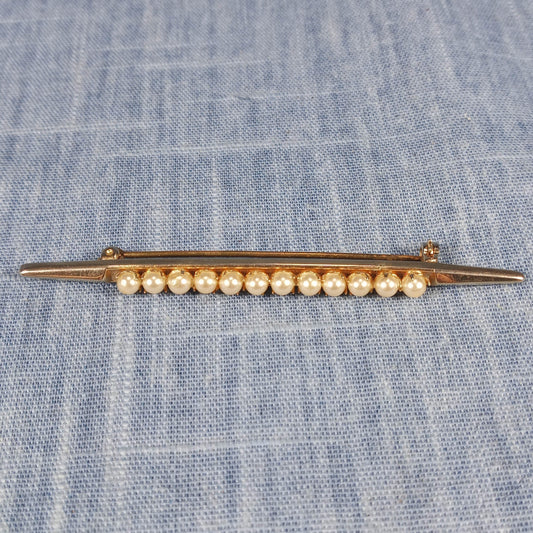1960s Vintage Bar Pin with Gold Tone and White Beads