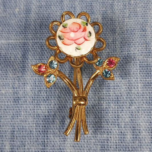 1960s Vintage Flower Pin with a Painted Red Rose
