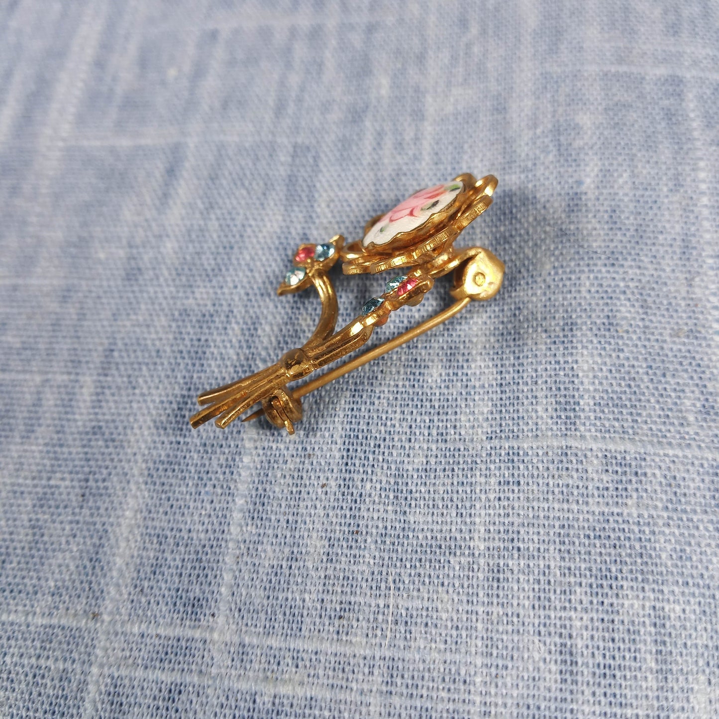 1960s Vintage Flower Pin with a Painted Red Rose