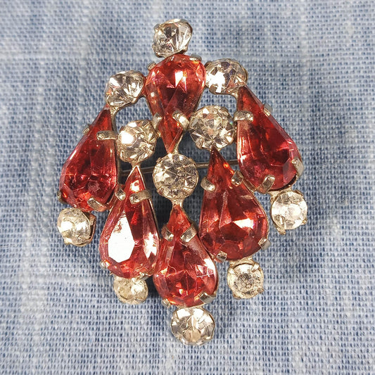 1950s Vintage Pin with Red and Clear Tear Drop Rhinestones from Czechoslovakia
