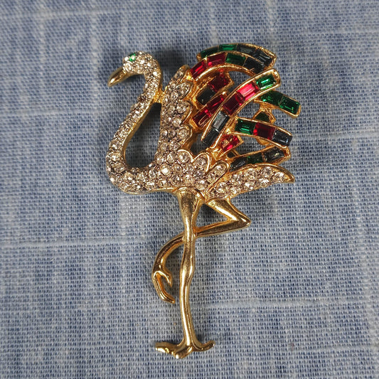 1990s Vintage Pin: Flamingo Design with Red, Green and Clear Rhinestones