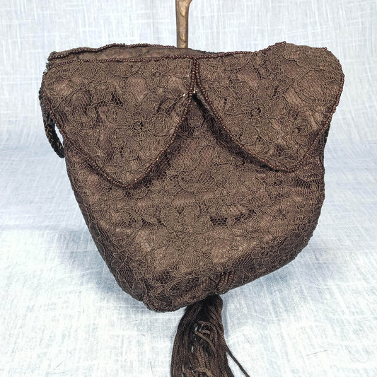 1980s Vintage Black Lace Drawstring Purse with Bead Detail