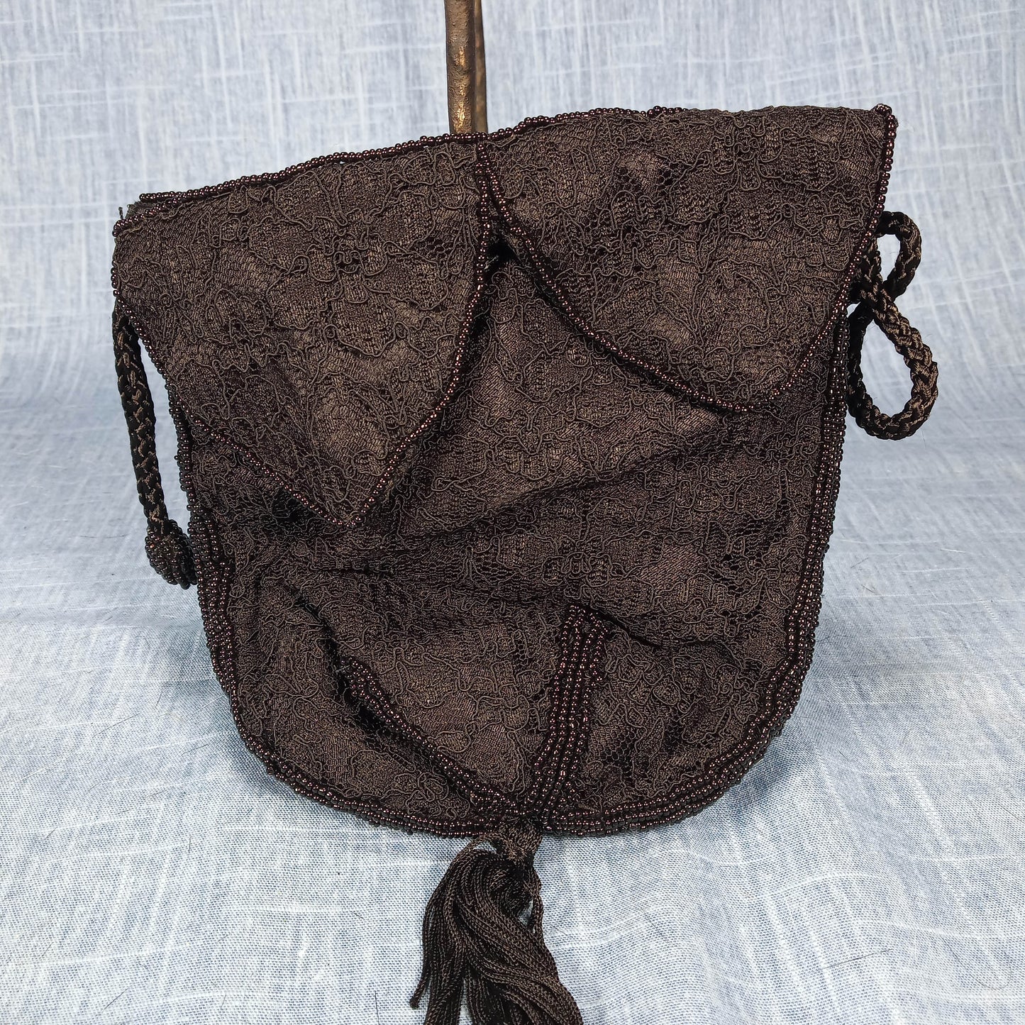 1980's Black Lace Drawstring Purse with Bead Detail