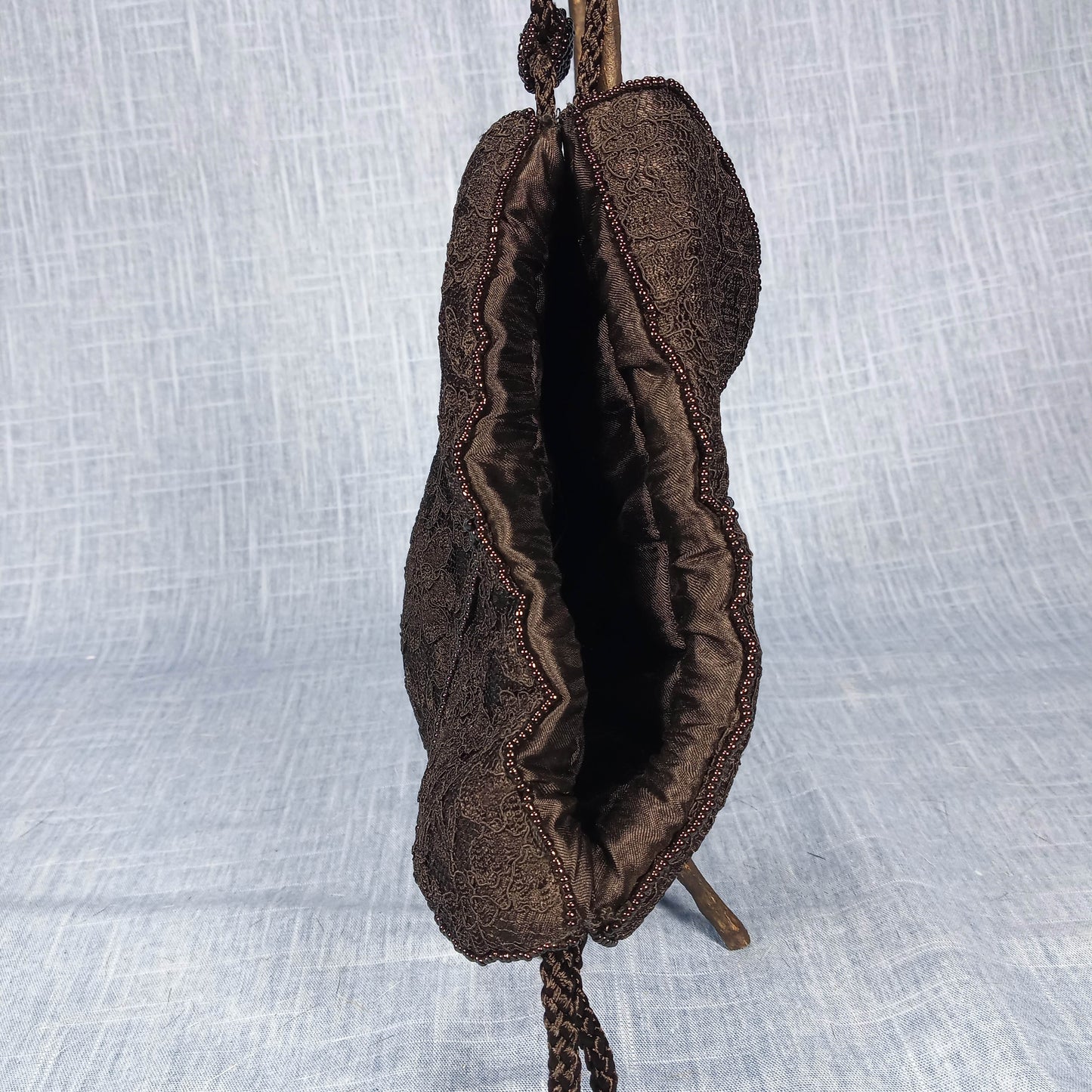 1980's Black Lace Drawstring Purse with Bead Detail