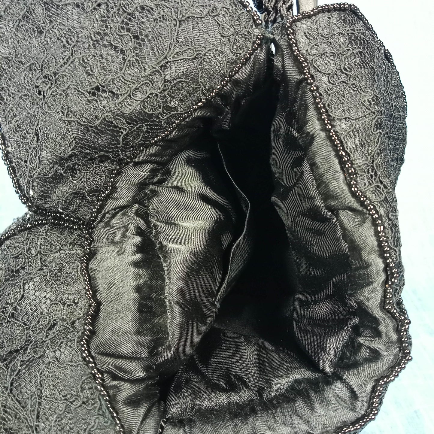 1980's Black Lace Drawstring Purse with Bead Detail