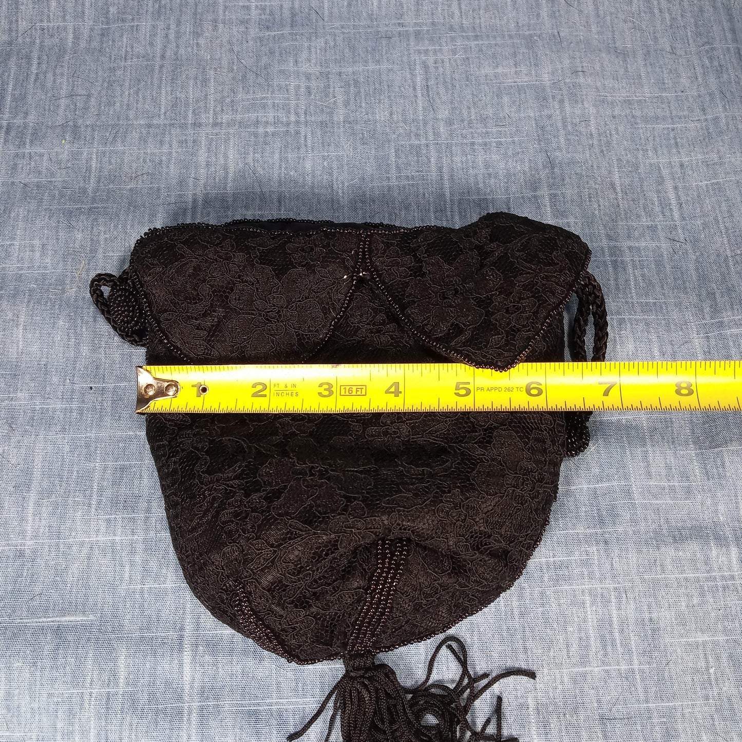 1980's Black Lace Drawstring Purse with Bead Detail